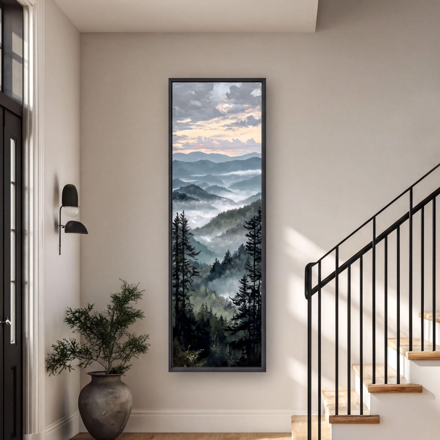Vertical Mountain Landscape Wall Art, Misty Forest Canvas Print, Tall Nature Wall Decor, Narrow Pine Tree Painting, Woodland Artwork Framed