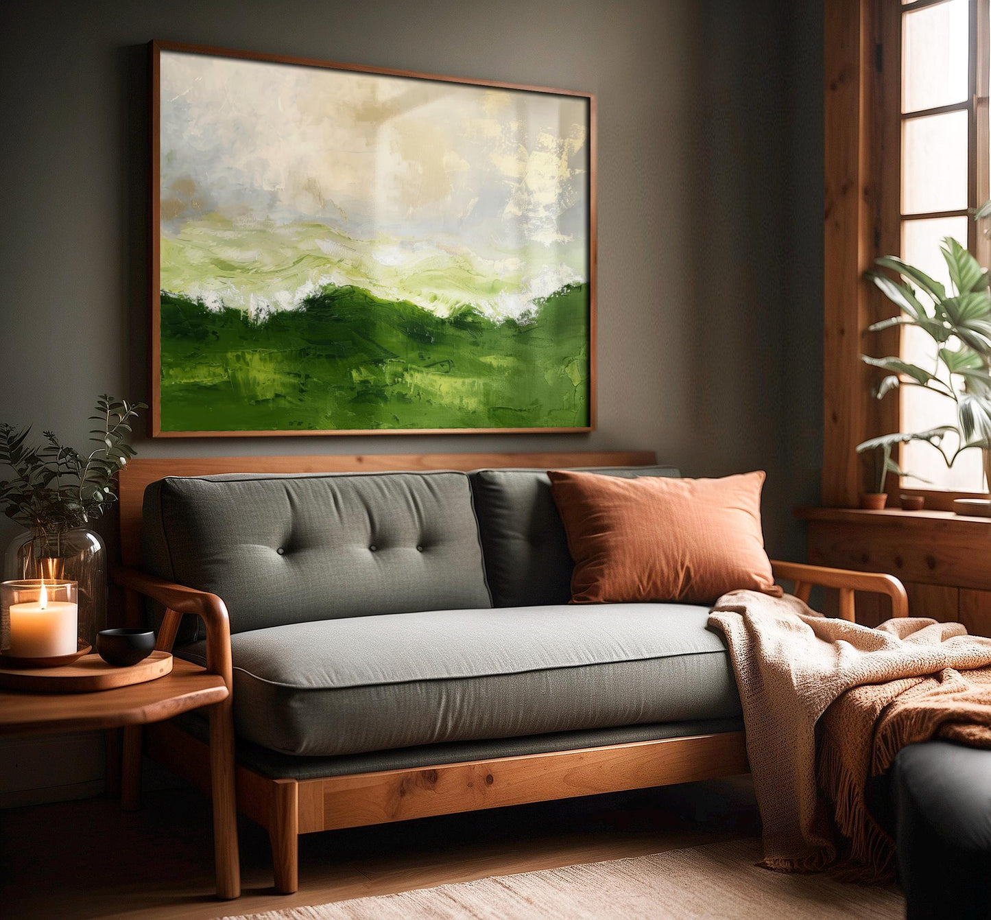 a cozy living room with a gray sofa, a wooden side table, and a large landscape painting on the wall.