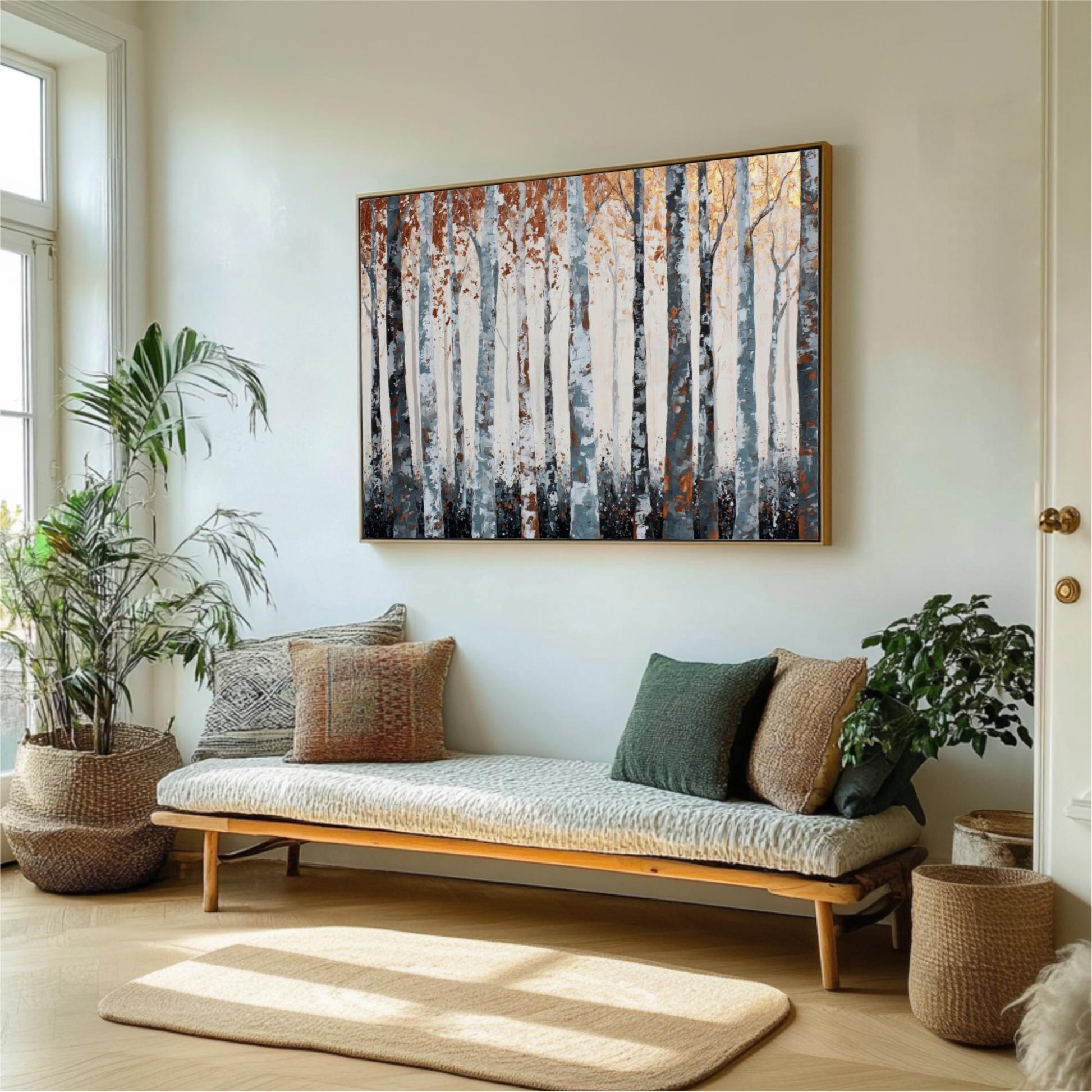 a living room with a large painting of a forest scene hanging on the wall above a wooden bench with pillows. The room is decorated with potted plants and a rug, creating a cozy and inviting atmosphere.