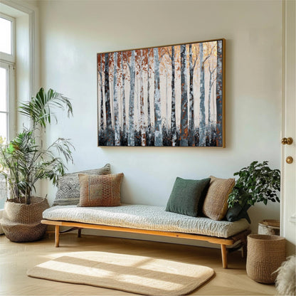 a living room with a large painting of a forest scene hanging on the wall above a wooden bench with pillows. The room is decorated with potted plants and a rug, creating a cozy and inviting atmosphere.