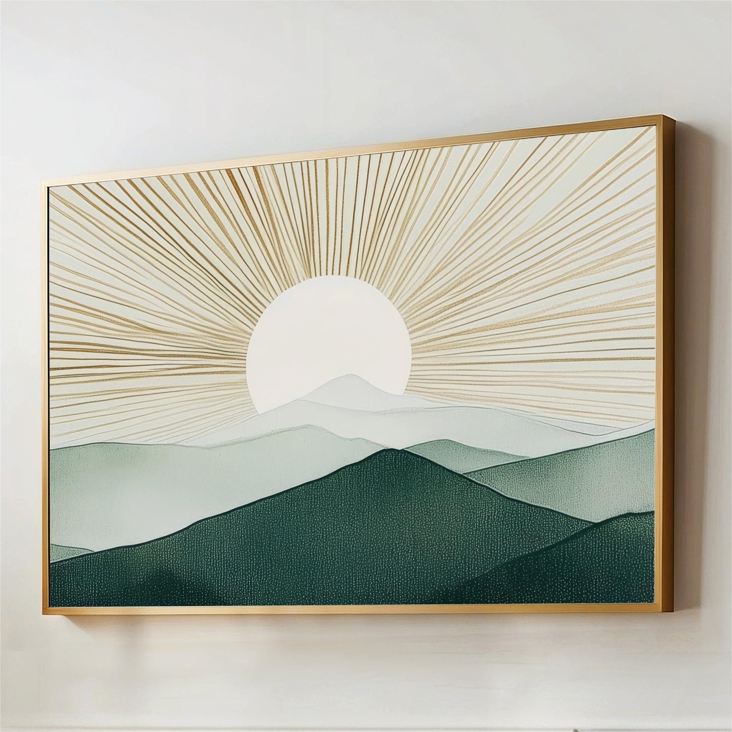 The image is a framed artwork depicting a serene landscape with a sun rising over a mountain range.