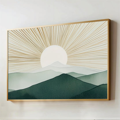 The image is a framed artwork depicting a serene landscape with a sun rising over a mountain range.