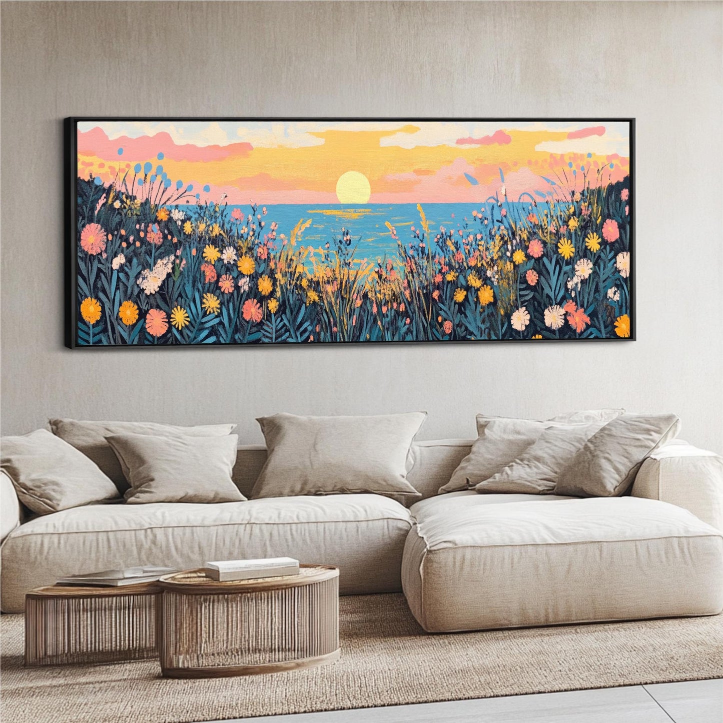 a living room with a couch and a painting on the wall