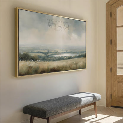 a large landscape painting hanging on a wall, with a wooden bench placed in front of it.