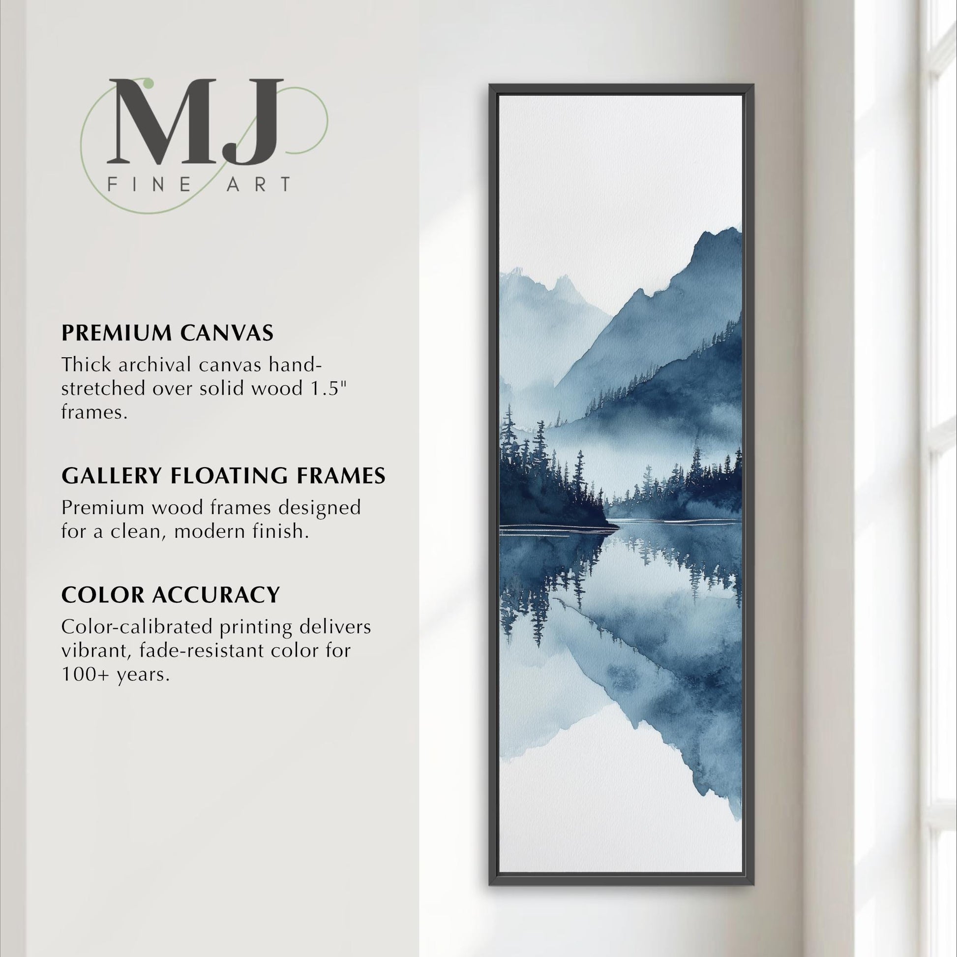 The image is a vertical advertisement for fine art, featuring a painting of a mountain landscape with a lake and trees. The text highlights the premium quality of the artwork, including the use of a thick archival canvas hand-stretched over solid wood 1.5-5" frames, gallery floating frames, and color accuracy.
