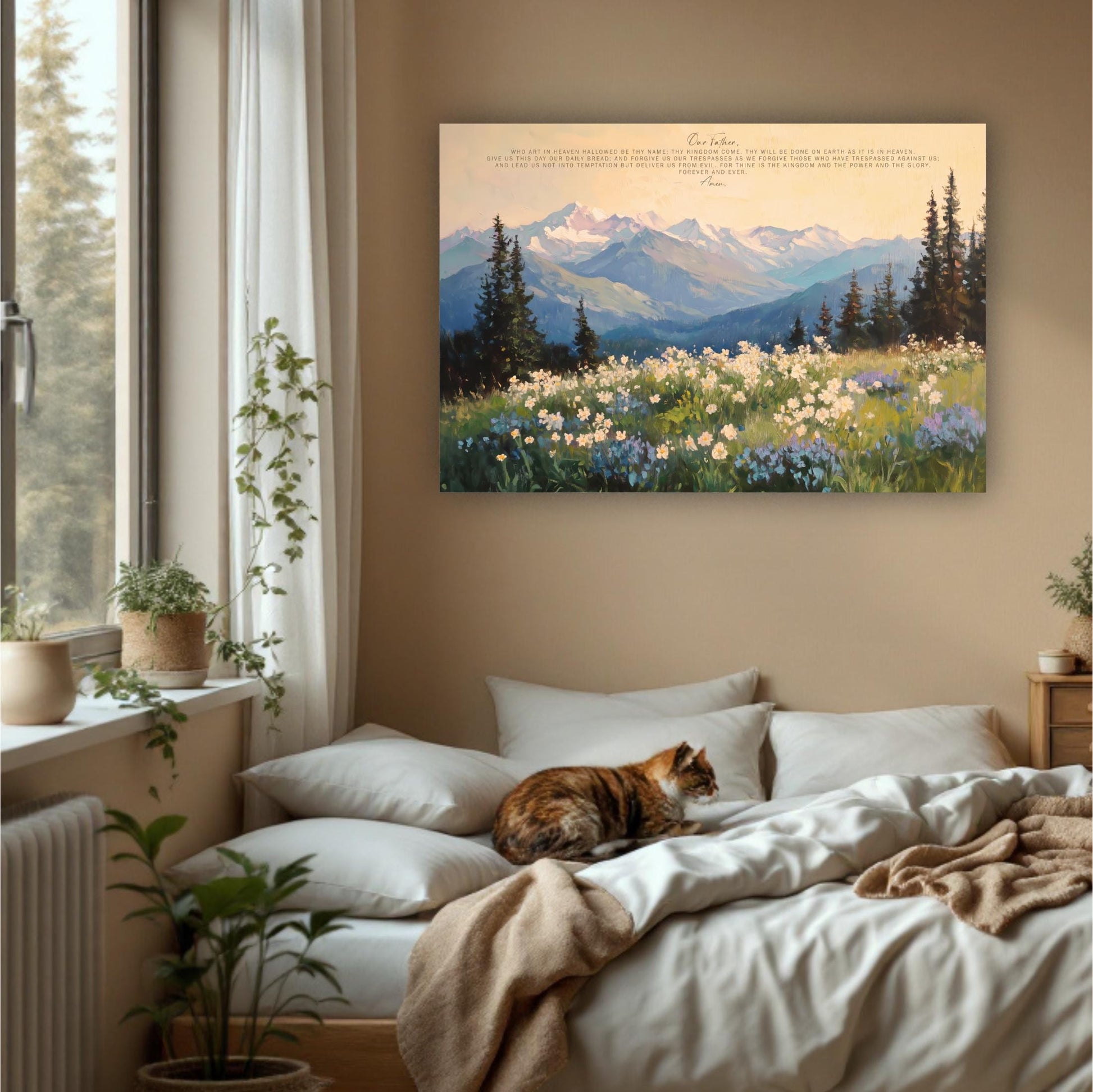 a serene bedroom scene with a large painting of a mountain landscape hanging on the wall above a bed with a cat resting on it. The room is decorated with potted plants and a vase, creating a cozy and inviting atmosphere.