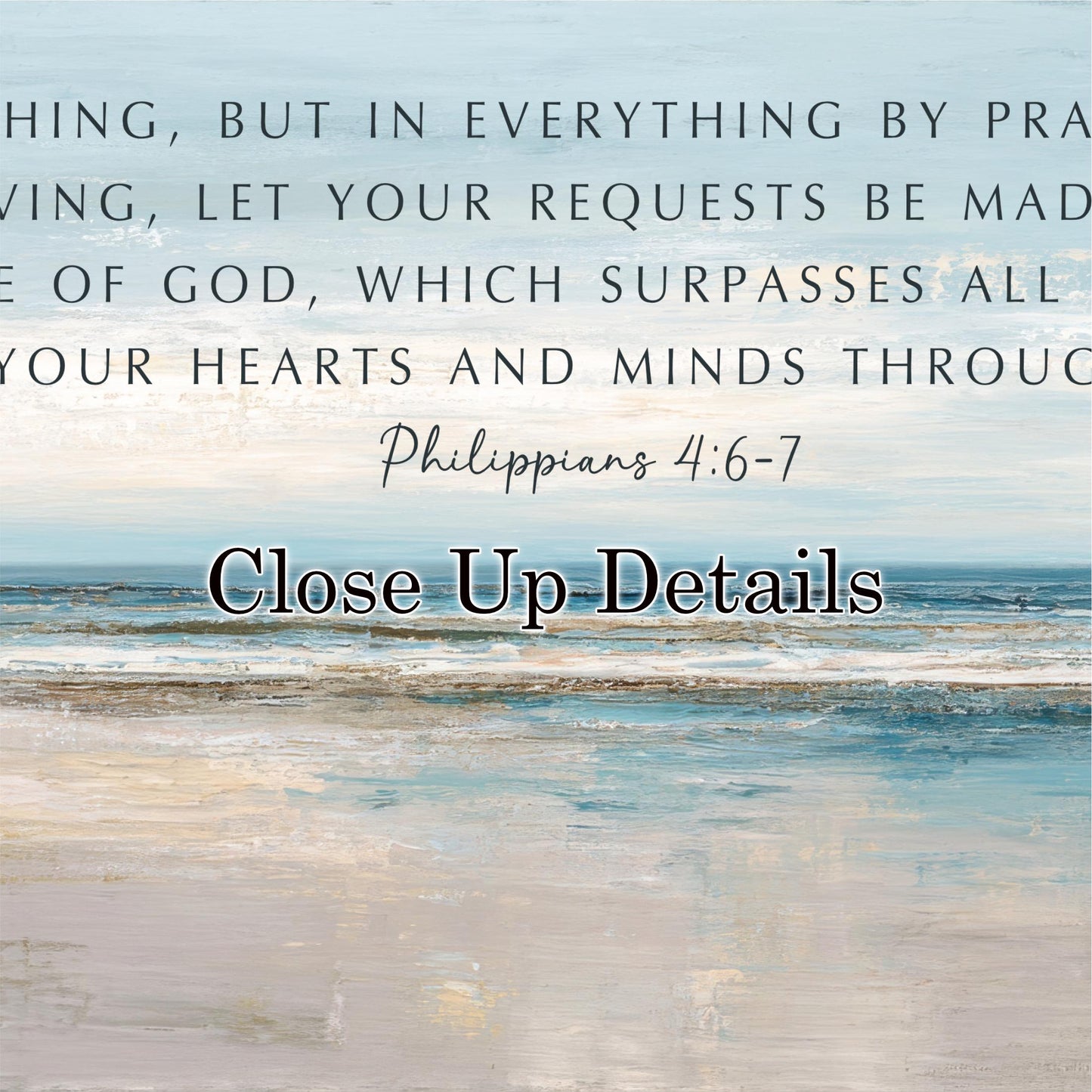 The image is a close-up of a text overlay on a beach scene, featuring a Bible verse from Philippians 4:6-7.