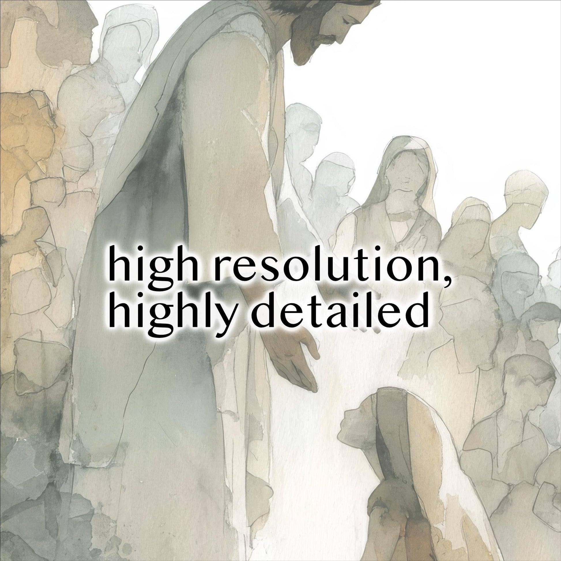 The image is a watercolor painting depicting a religious scene with a figure in a robe and a kneeling figure, surrounded by other figures.