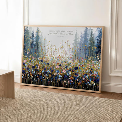 The image is a framed painting depicting a vibrant field of flowers, with a forest in the background.