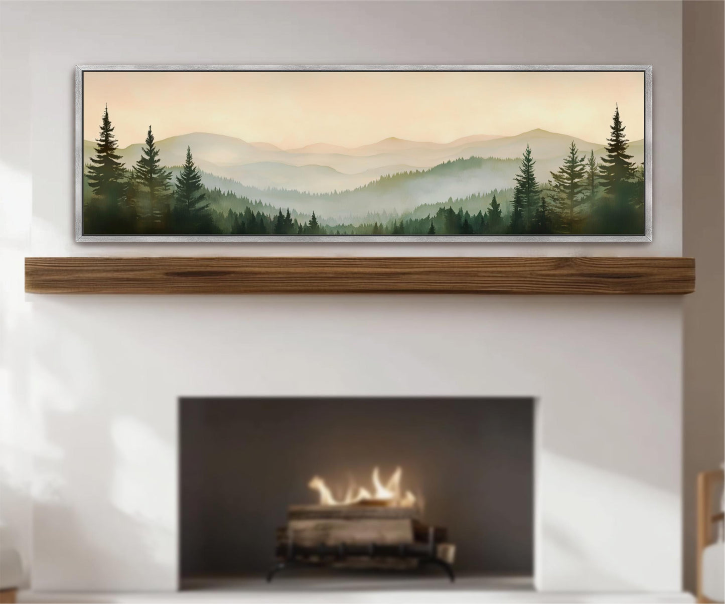 a fireplace with a warm fire burning inside, surrounded by a serene landscape of pine trees and mountains in the background.
