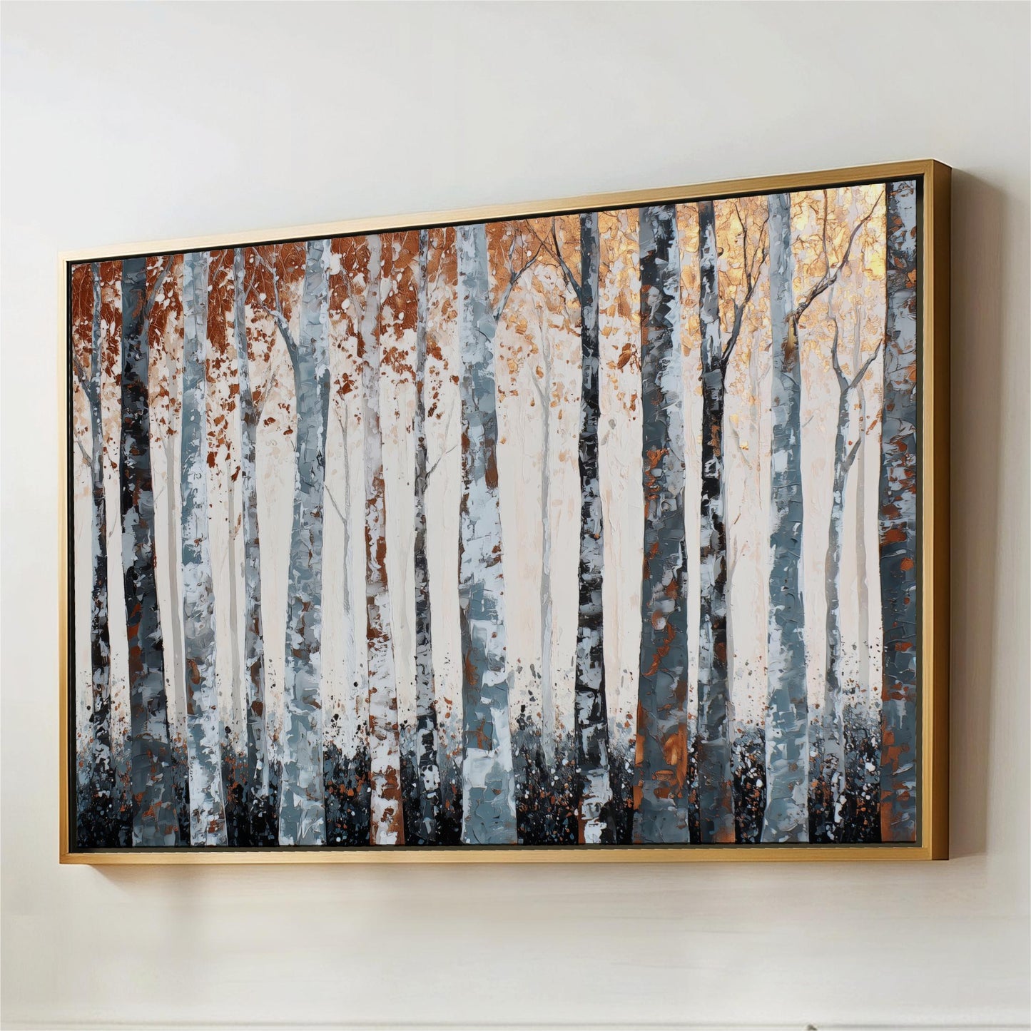 The image is a framed painting depicting a forest scene with tall trees in various shades of brown and white.