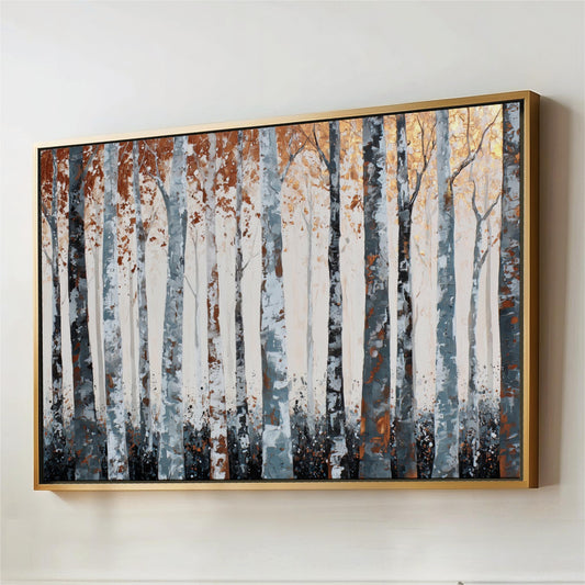 The image is a framed painting depicting a forest scene with tall trees in various shades of brown and white.