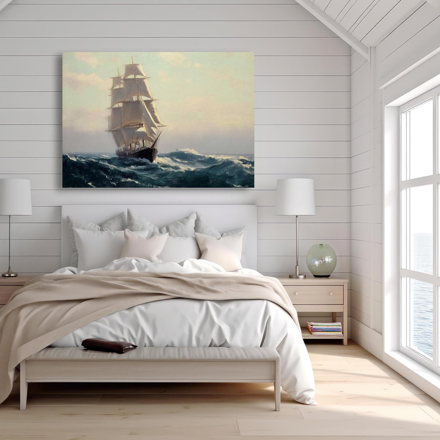 a large painting of a sailing ship on the ocean, hanging on a wall above a bed with white bedding and pillows.