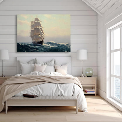 a large painting of a sailing ship on the ocean, hanging on a wall above a bed with white bedding and pillows.