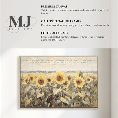 The image is a painting of a field of sunflowers, with a religious message about God's will for the viewer.
