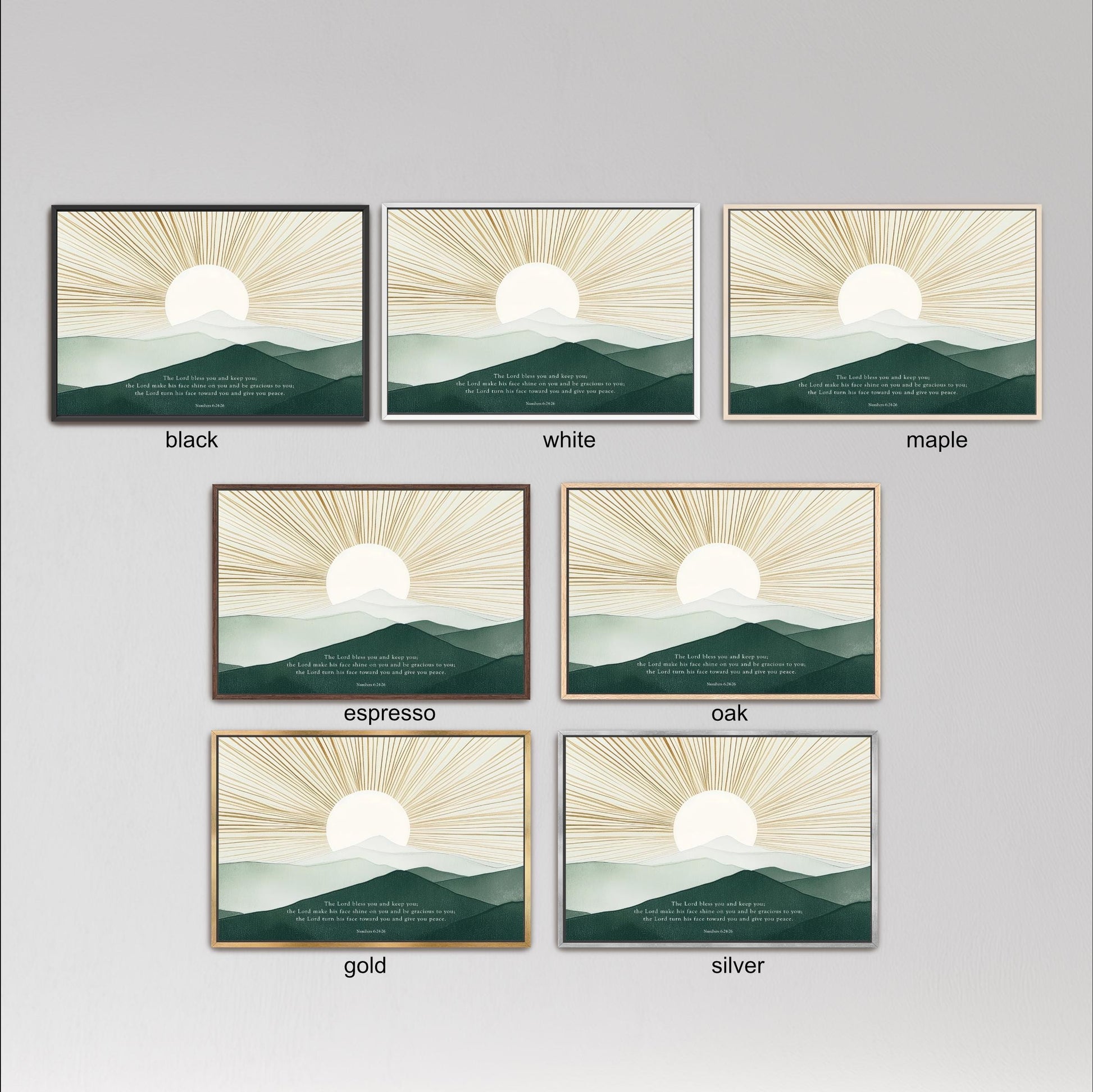 six framed landscape paintings depicting sunsets over mountains, each with a different color and frame style.