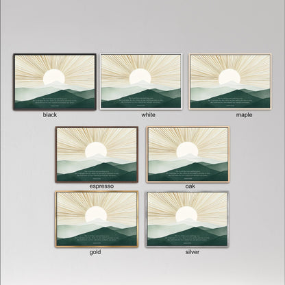 six framed landscape paintings depicting sunsets over mountains, each with a different color and frame style.