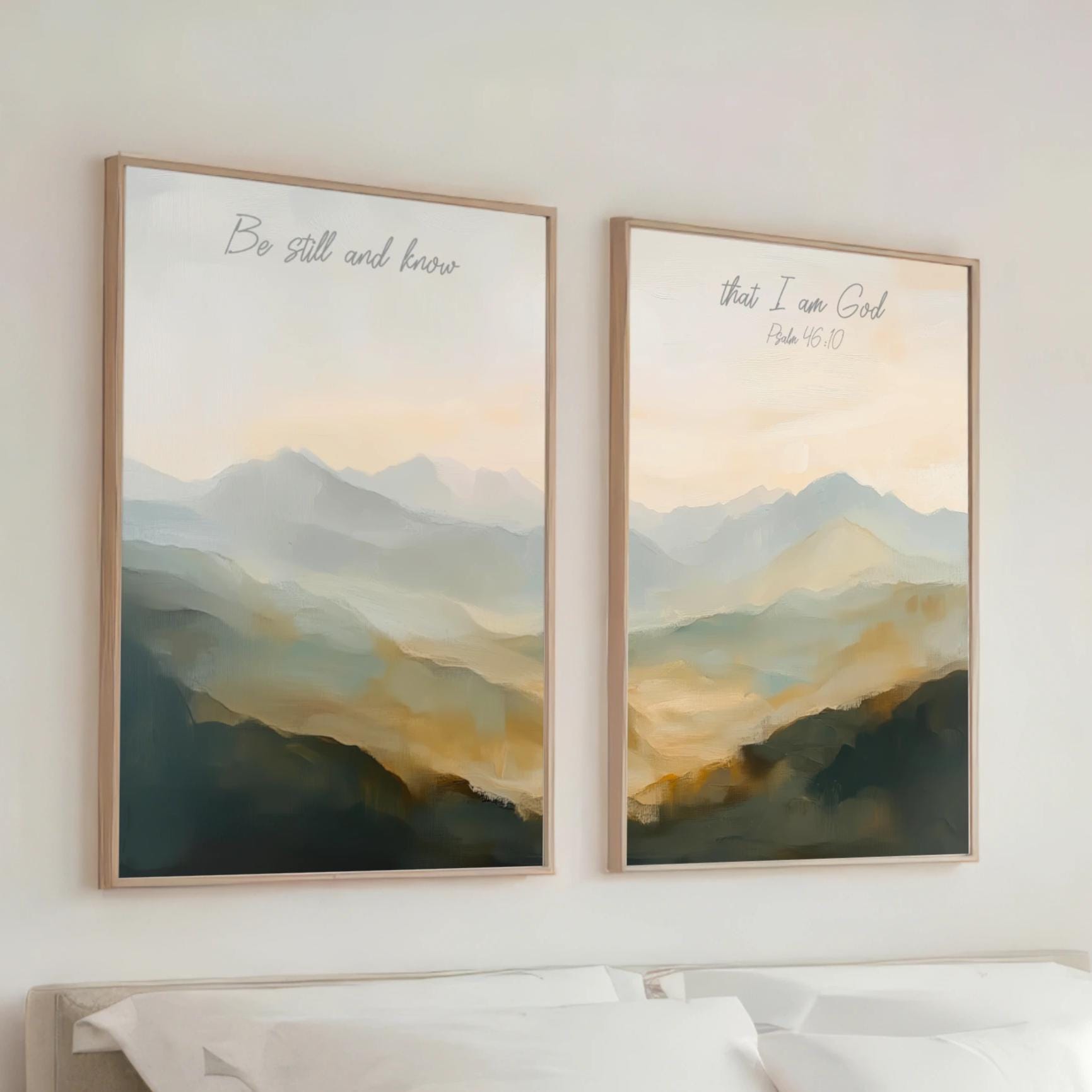 Be Still and Know Mountains Wall Art Set, Neutral Artwork Psalm 46:10 Christian Scripture Landscape Framed Canvas Print Modern Minimalist