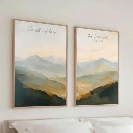Be Still and Know Mountains Wall Art Set, Neutral Artwork Psalm 46:10 Christian Scripture Landscape Framed Canvas Print Modern Minimalist