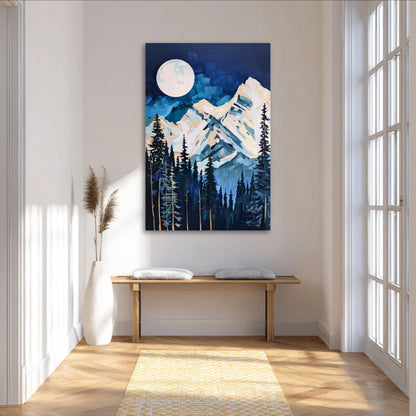 a large painting of a mountain landscape with a full moon in the night sky, hanging on a wall in a room with a wooden bench and a potted plant.