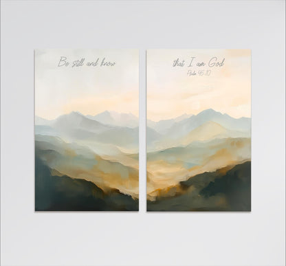 The image is a pair of landscape paintings depicting mountains with a serene, peaceful atmosphere.