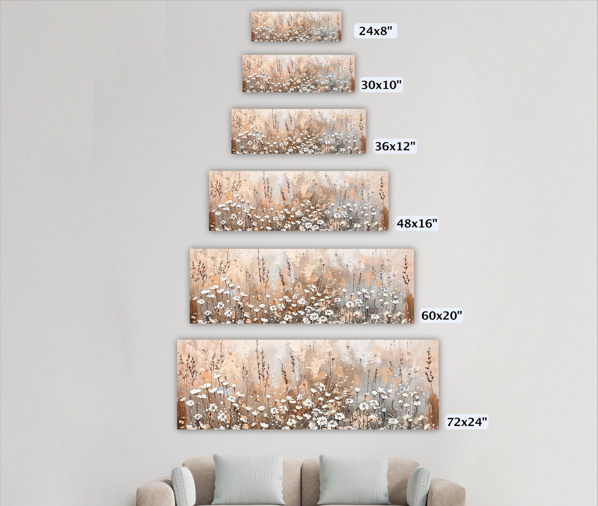 A series of framed artworks depicting various floral scenes, ranging from small to large sizes, with corresponding dimensions provided.
