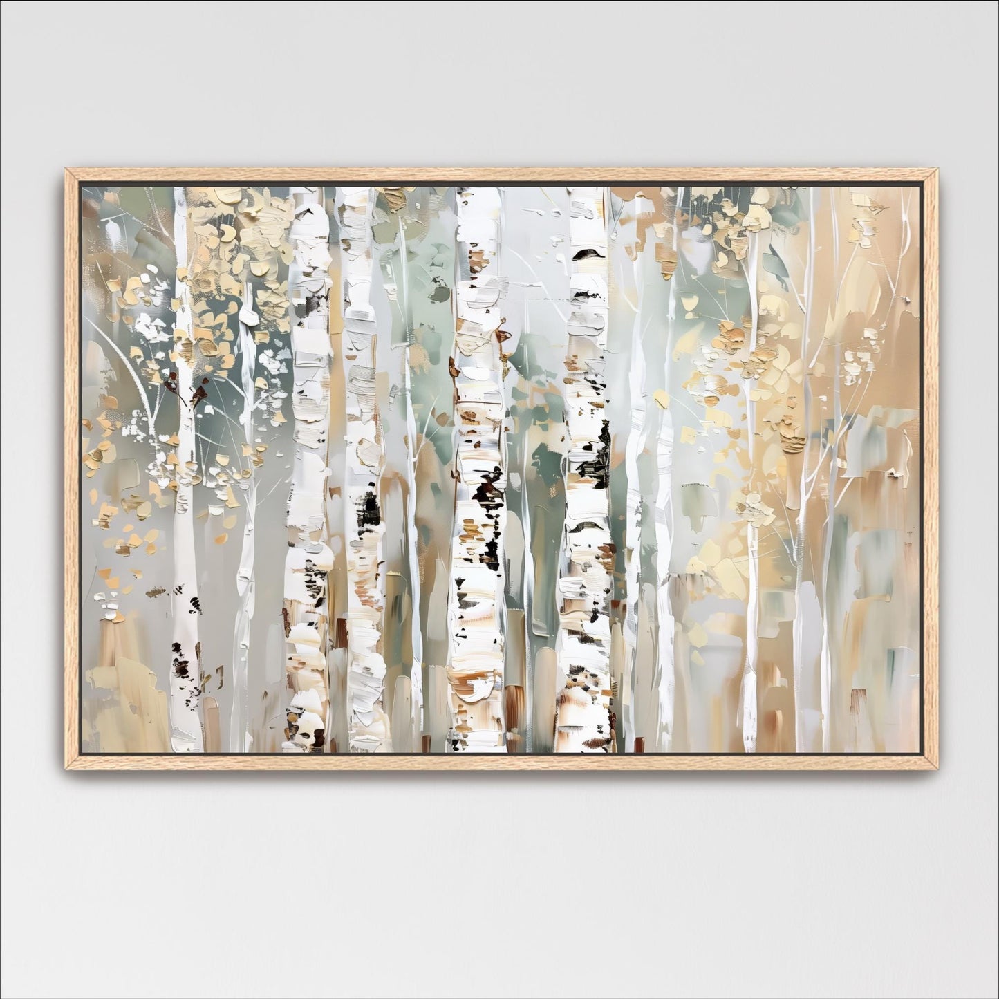 The image is a framed painting depicting a forest scene with birch trees.