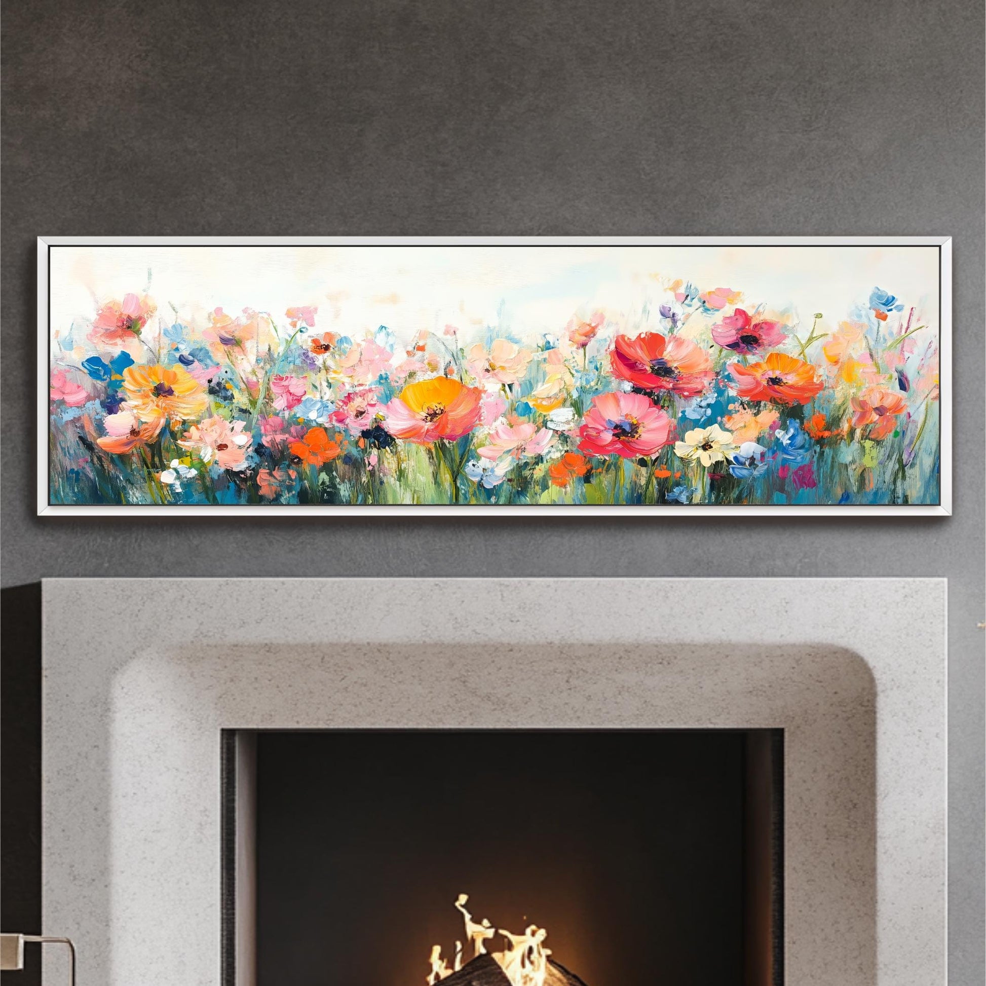 a vibrant painting of a field of colorful flowers, including red, orange, pink, and yellow blooms, set against a serene background.