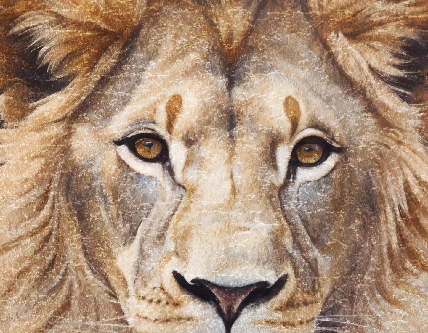 A close-up of a lion's face, with its intense gaze and powerful features prominently displayed.