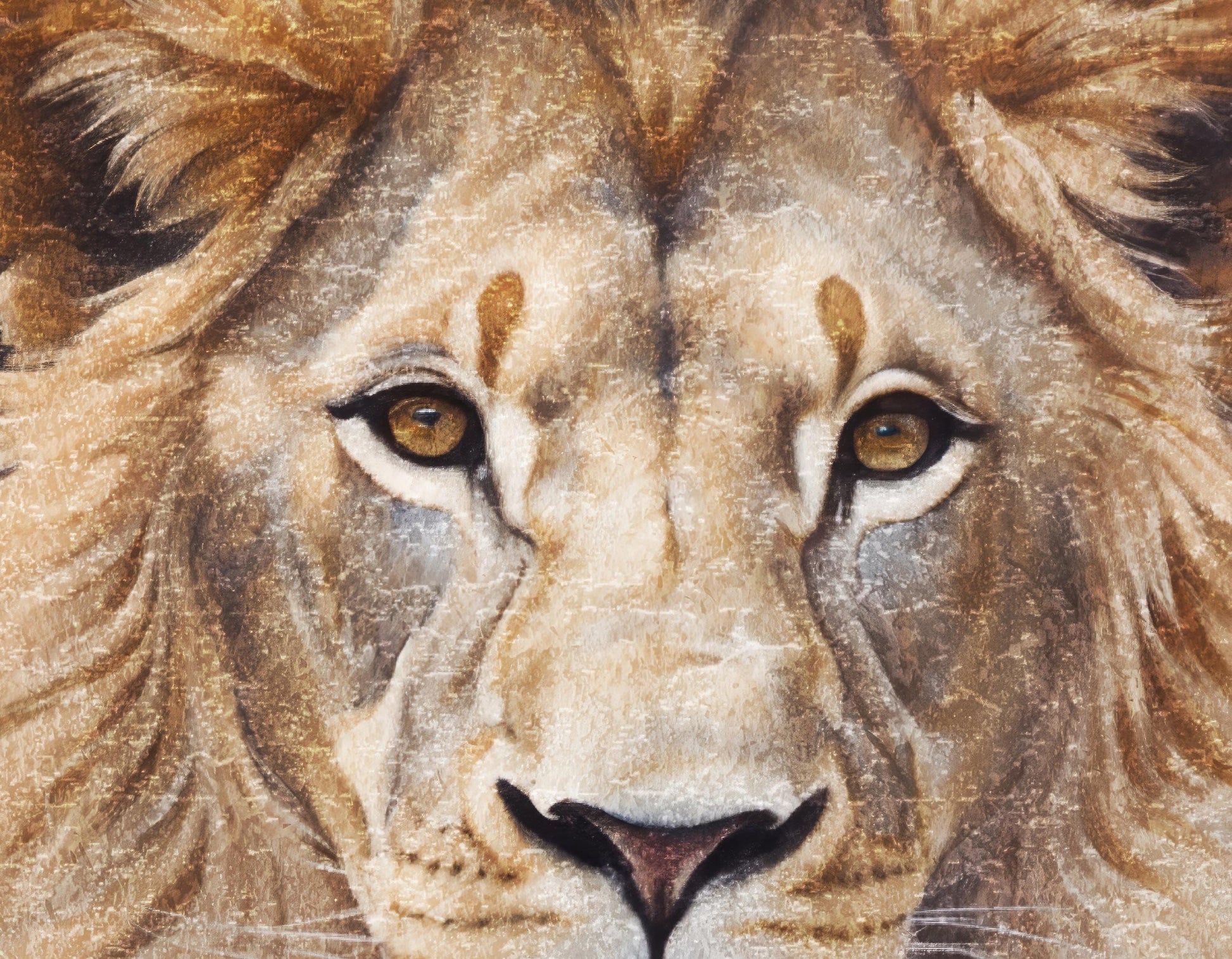 A close-up of a lion's face, with its intense gaze and powerful features prominently displayed.