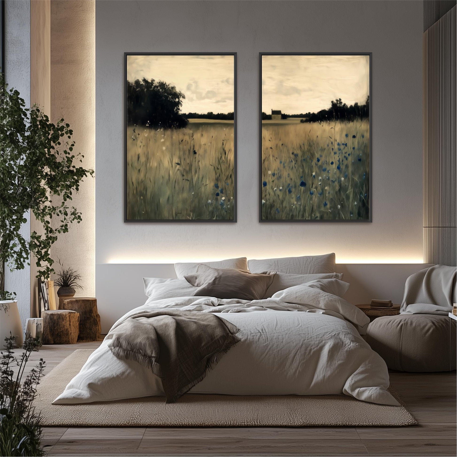 a serene bedroom scene with a large bed, a nightstand, and two framed landscape paintings on the wall.