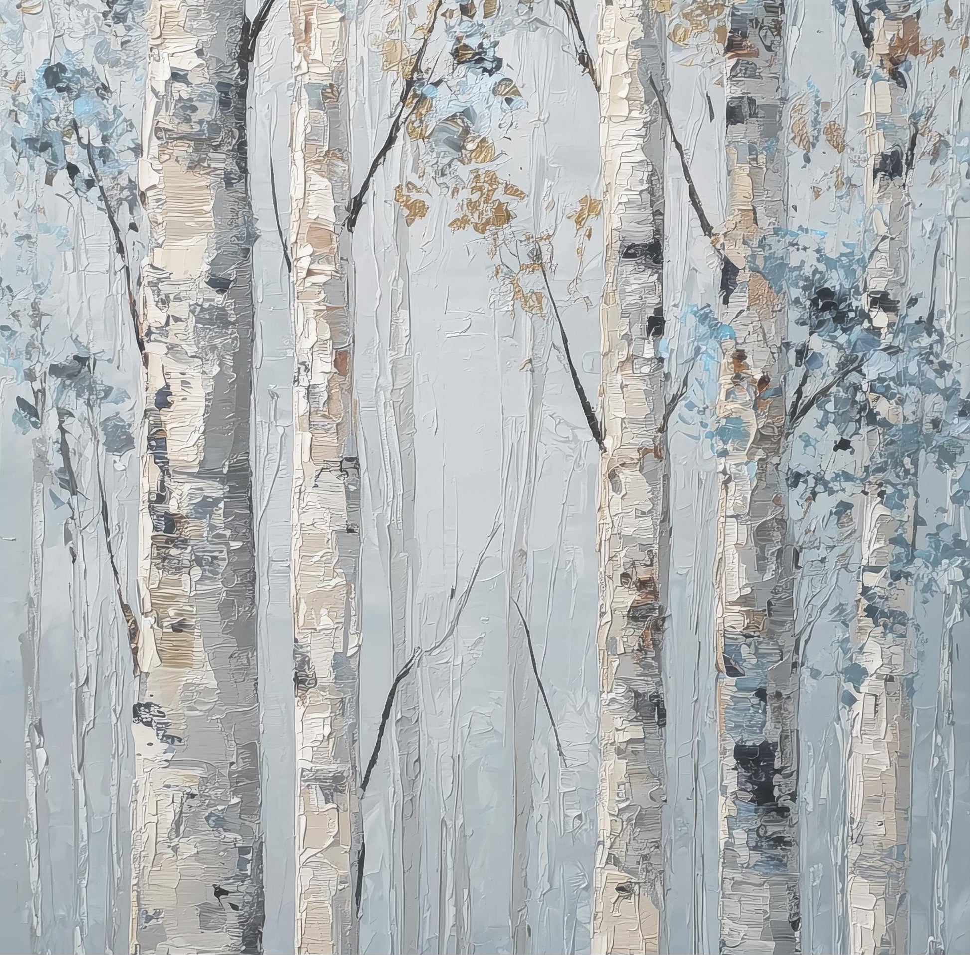 The image is a painting of birch trees with a light blue and white color palette, featuring a textured and weathered appearance.