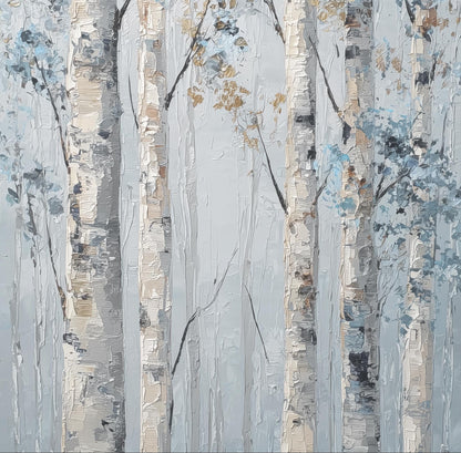 The image is a painting of birch trees with a light blue and white color palette, featuring a textured and weathered appearance.