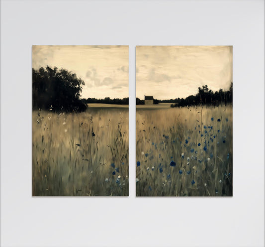Wildflower Field Set, Antique Farmhouse Art, Landscape Painting, 2 Piece Cottagecore Country Decor Framed Shipped