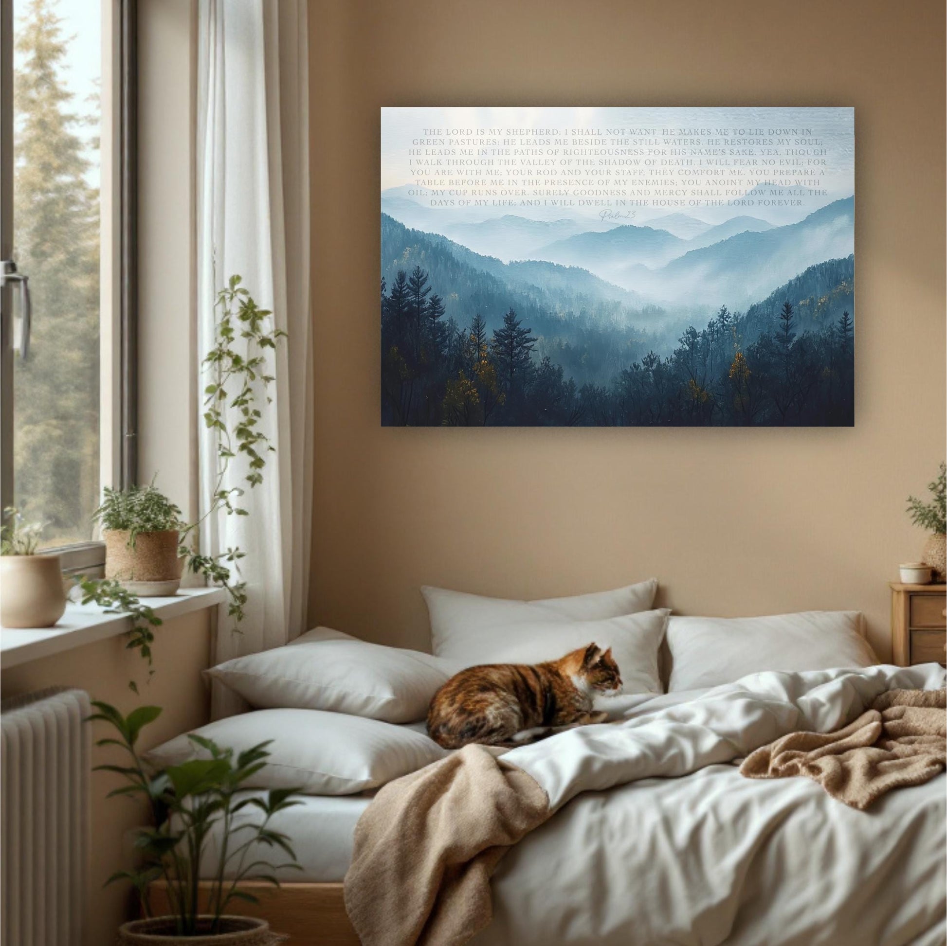 a serene bedroom scene with a large window overlooking a mountainous landscape. A cat is comfortably lying on a bed, and the room is decorated with potted plants and other natural elements, creating a peaceful and relaxing atmosphere.
