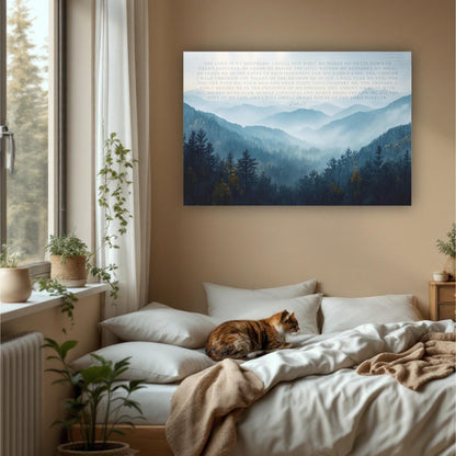 a serene bedroom scene with a large window overlooking a mountainous landscape. A cat is comfortably lying on a bed, and the room is decorated with potted plants and other natural elements, creating a peaceful and relaxing atmosphere.