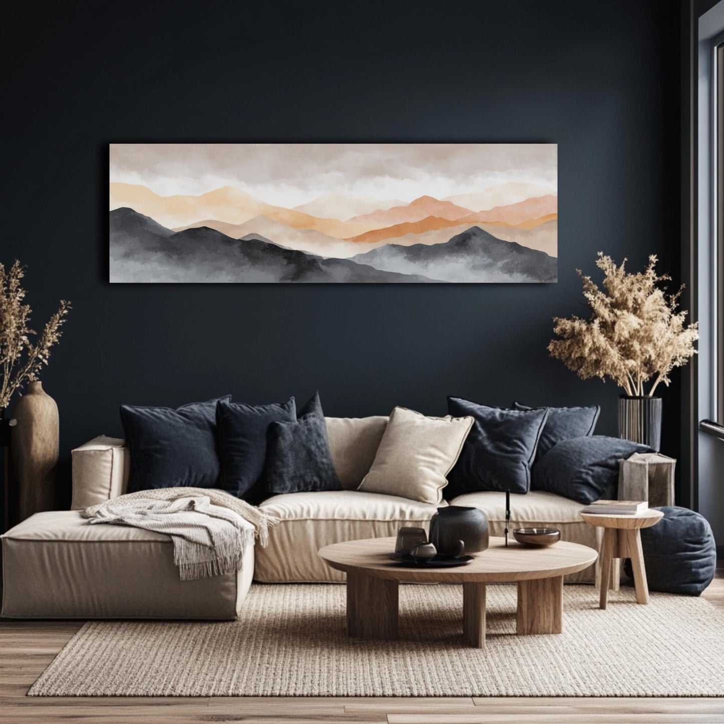 a modern living room with a large wall art piece featuring a landscape of mountains and a hazy sky. The room is furnished with a beige sofa, a wooden coffee table, and a potted plant. The overall color scheme and design create a serene and inviting atmosphere.
