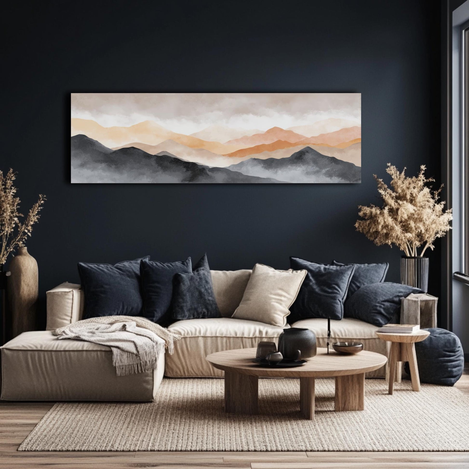 a modern living room with a large wall art piece featuring a landscape of mountains and a hazy sky. The room is furnished with a beige sofa, a wooden coffee table, and a potted plant. The overall color scheme and design create a serene and inviting atmosphere.