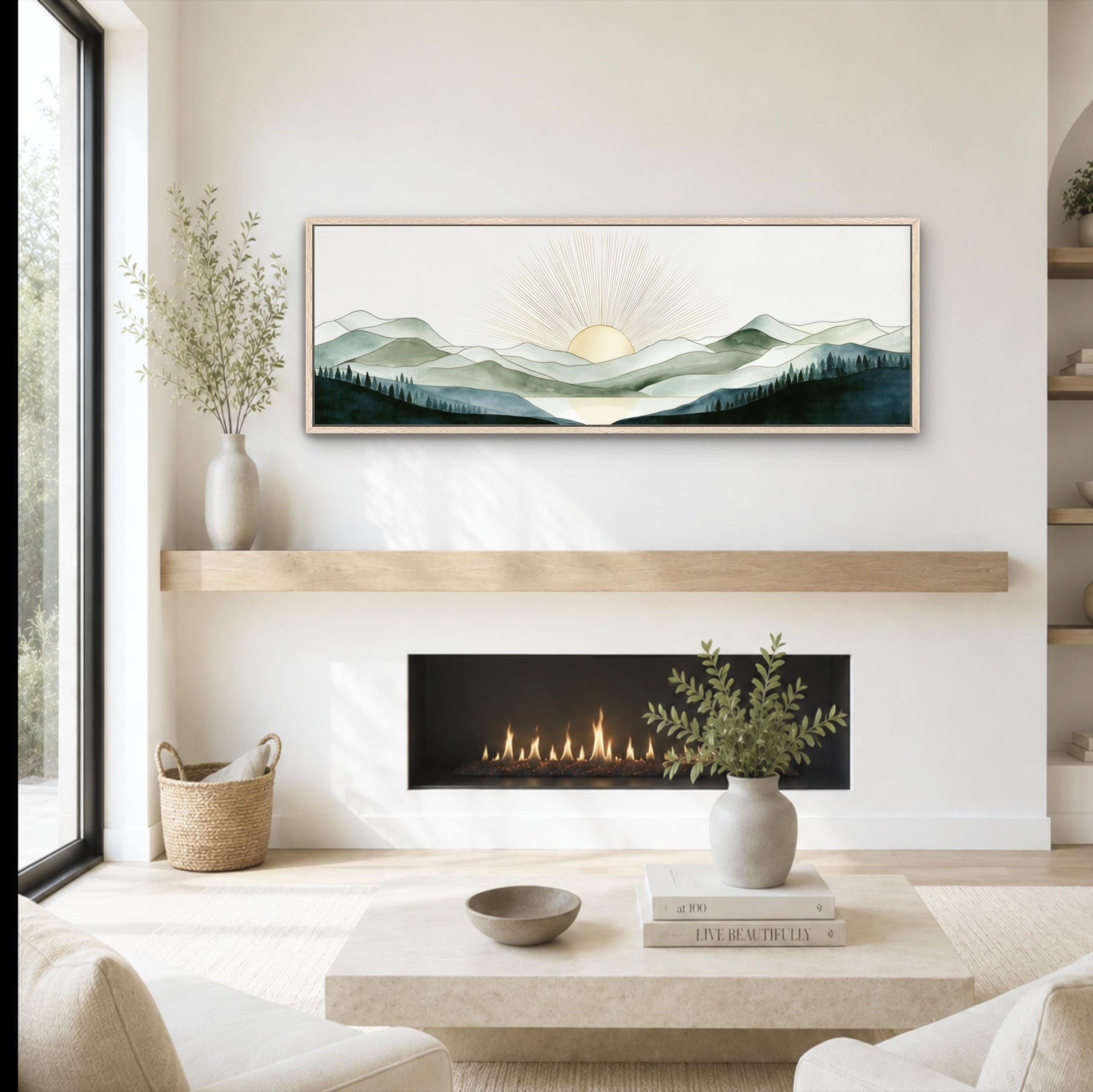 a cozy living room with a fireplace, a coffee table, and a large framed landscape painting hanging on the wall above the fireplace.
