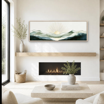 a cozy living room with a fireplace, a coffee table, and a large framed landscape painting hanging on the wall above the fireplace.
