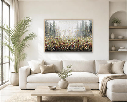 a cozy living room with a large white sofa, a wooden coffee table, and a framed painting of a forest scene hanging on the wall above the sofa.