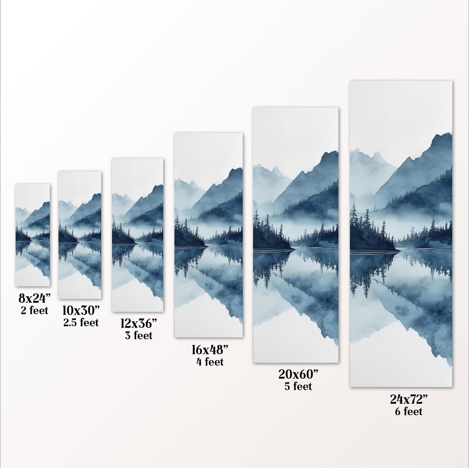 a series of landscape paintings or photographs depicting mountains and water, with each painting or photograph varying in size. The paintings are arranged in a row, ranging from 8x24" to 20x60", and the corresponding photographs are from 8x24" to 20x60", with the size decreasing by 2 feet.