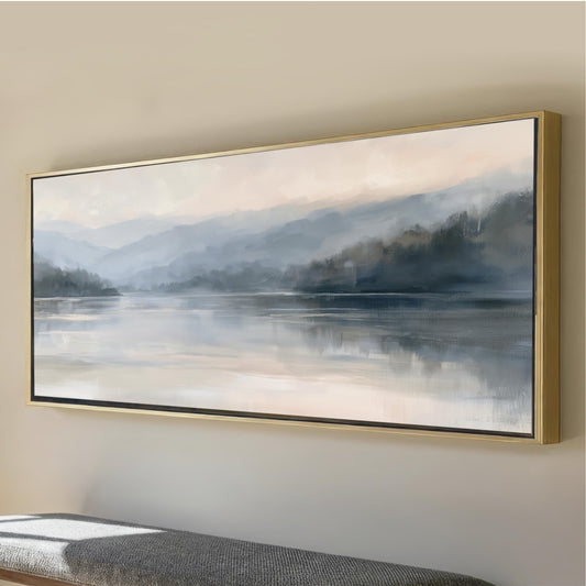Long Narrow Abstract Lake Wall Art Framed, Mountains Wide Canvas Print, Modern Nature Artwork, Horizontal Neutral Decor Blue Beige Cream