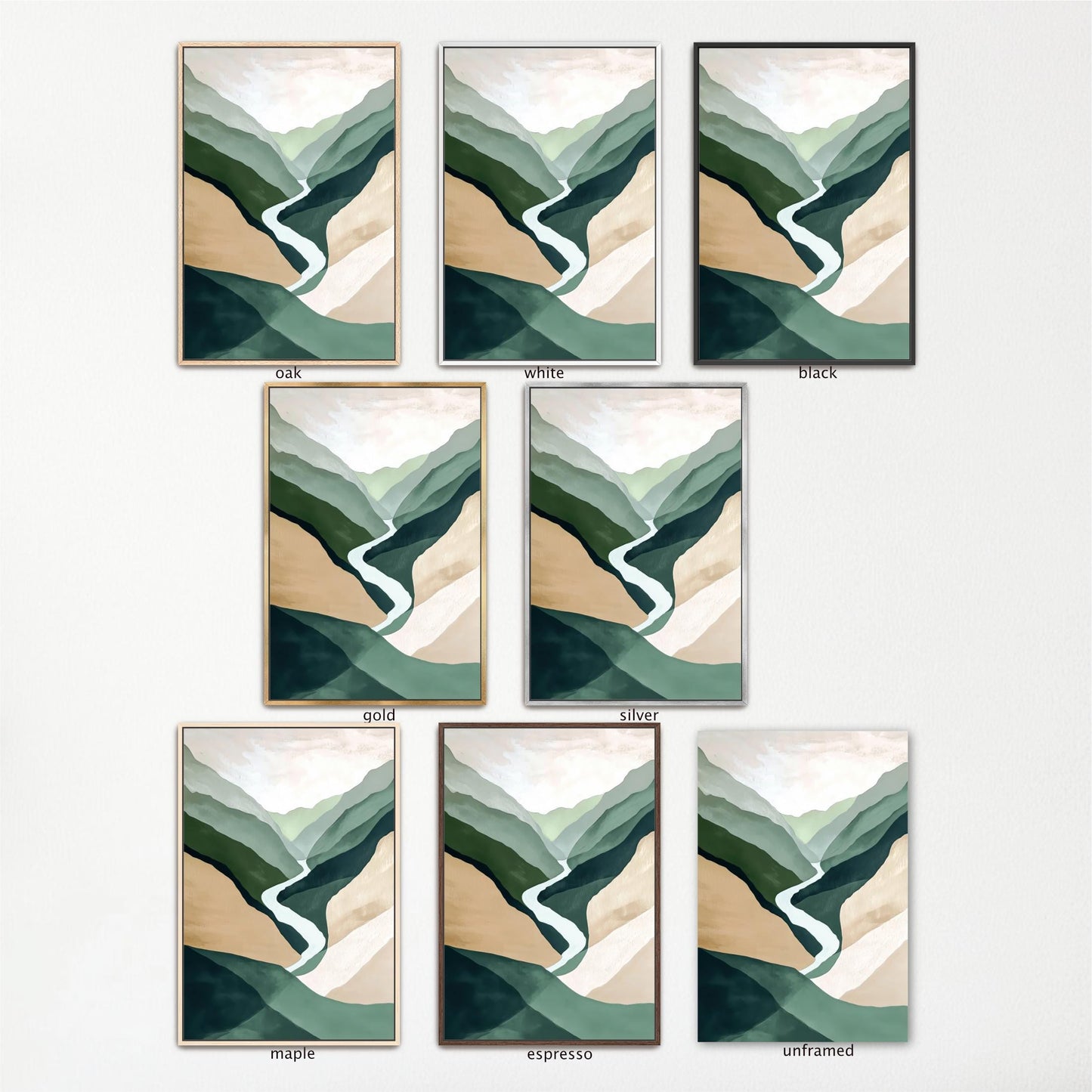 a collection of nine framed landscape paintings, each depicting a mountain scene with a winding river. The paintings are arranged in a grid format, with three paintings in each row and three paintings in each column. The paintings vary in size and frame style, showcasing different artistic interpretations of the mountain landscape.