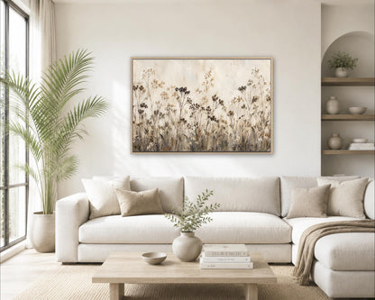 a cozy living room with a large, comfortable couch, a coffee table, and a framed artwork of a field of flowers hanging on the wall.