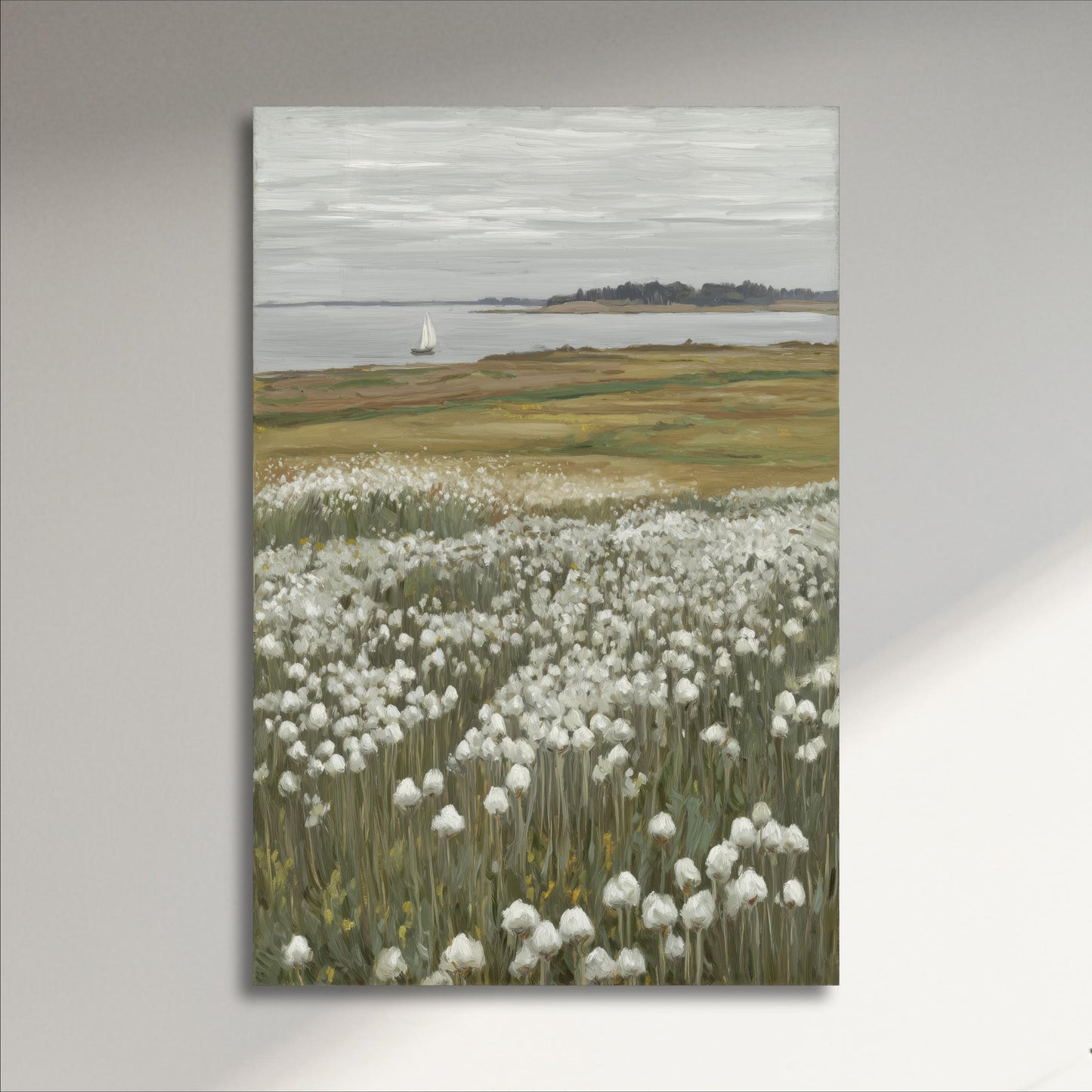 a serene landscape with a sailboat on the water and a field of white flowers in the foreground.