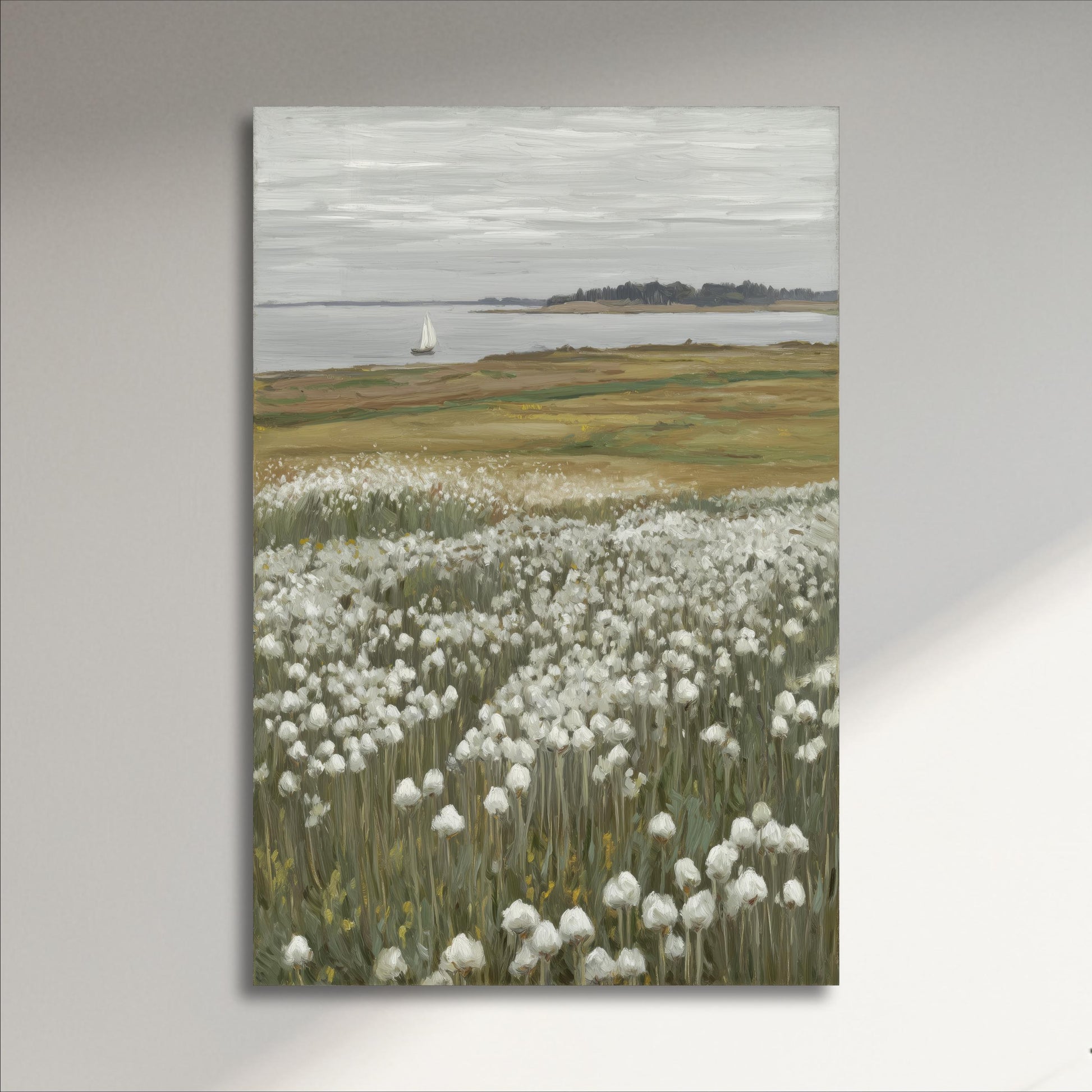 a serene landscape with a sailboat on the water and a field of white flowers in the foreground.
