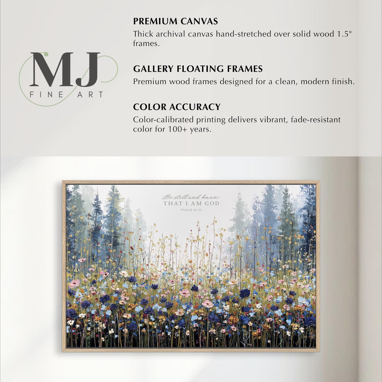 The image is a painting of a field of flowers with tall trees in the background. The painting is framed and appears to be a fine art piece.