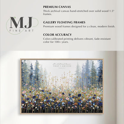 The image is a painting of a field of flowers with tall trees in the background. The painting is framed and appears to be a fine art piece.