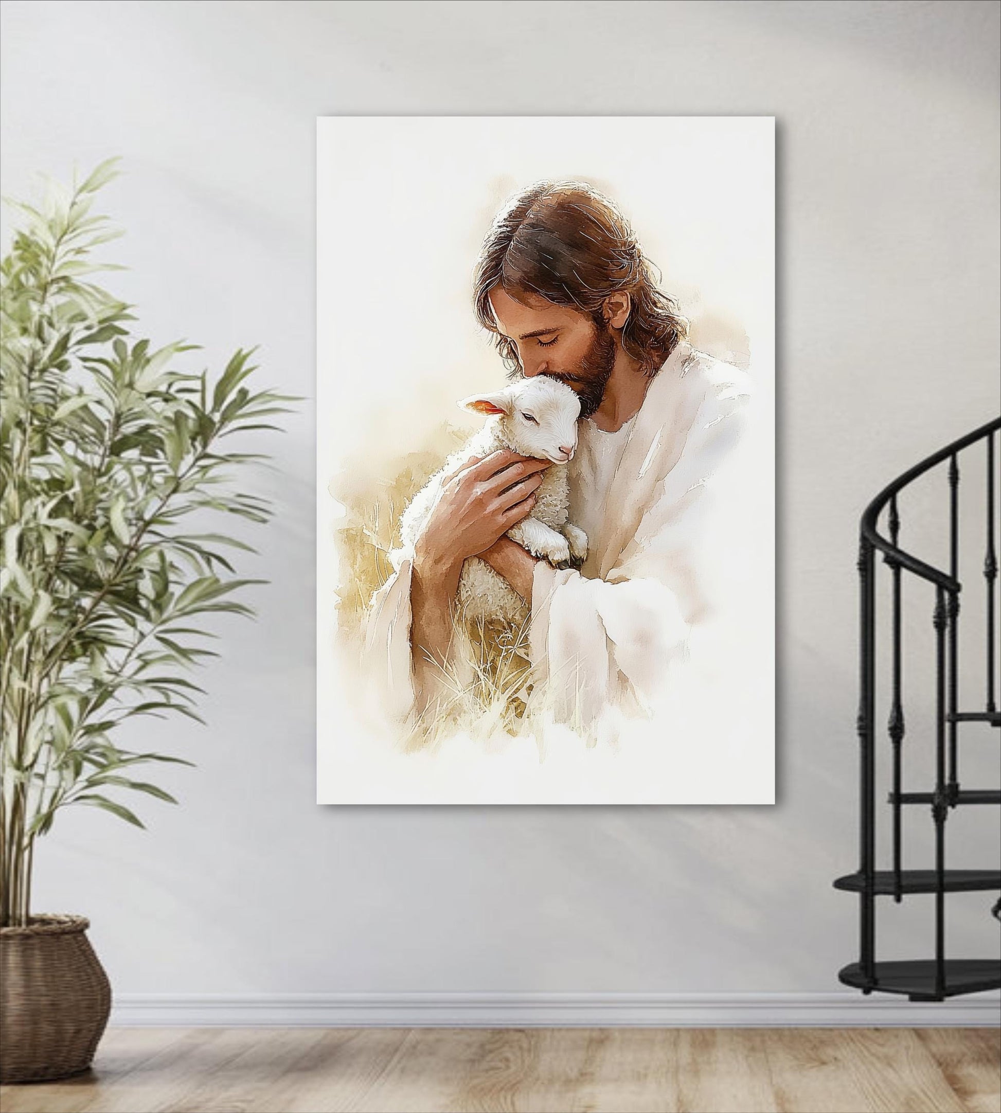 a man in a white robe tenderly holding a lamb, with a potted plant to the left and a black metal staircase to the right.